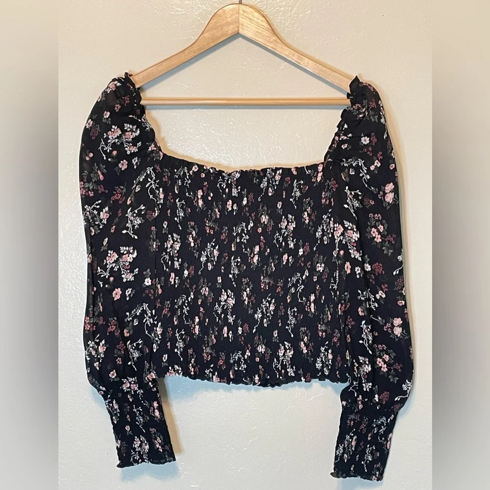 Reformation black Floral off shoulder long sleeve SmockedTop